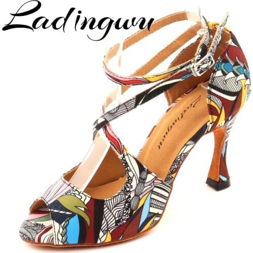 Ladingwu Salsa Jazz Ballroom Latin Dance Black Shoes For Dancing Women Social Strip High Heels Featured graffiti Denim Sandals