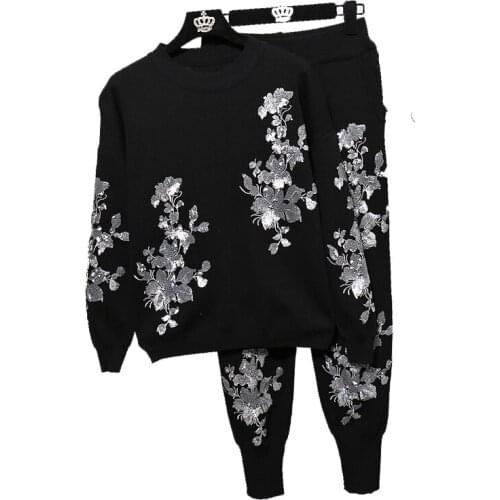 Spring Flower Embroidery Knit Sweaters Black Set Female Casual Tracksuits 2pcs Pullover Tops Harem Pants Two Pieces Set Autumn