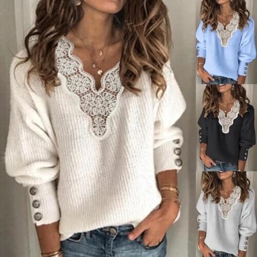 Autumn Winter Sweaters Women Sexy Lace Patchwork V Neck Sweaters for Women Knitted Sweater Jumpers Pullovers pull femme