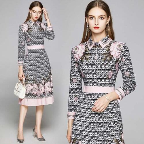 Women Elegant Wrist Sleeve Slim Waist Ladies Midi Vestidos Summer Fall Female Overlay Circle Pattern Floral Printed Dress 8510