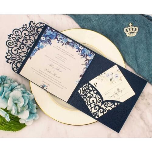 1X Blush Pink White Navy blue Tri fold Wedding Invitation Cards Customized Paper Laser Cutting pocket fold invite Envelope RSVP