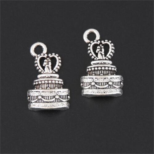 15Pcs Silver Color Birthday Cake Charms Wedding Sweetheart Pendant Finding Lovers Gift Necklaces Jewelry Crafts 22X12mm A3302