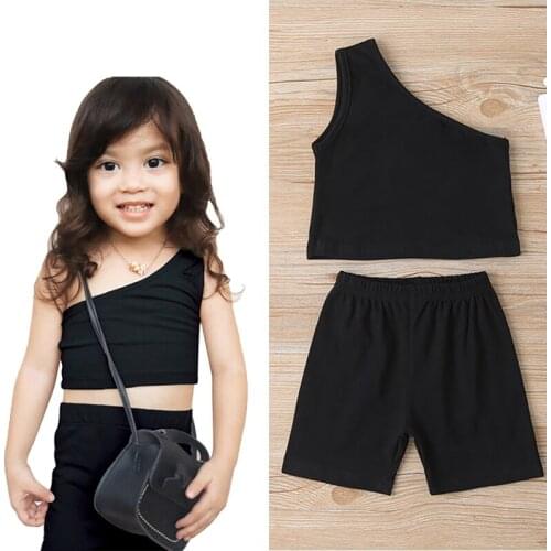2021 Summer Kids Baby Girls Fashion 2-piece Outfit Set One Shoulder Solid Color Tops+Shorts Set Daily Wear