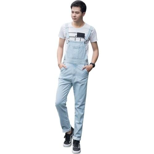 2021 New Men Overalls Bib Jeans Slim Straight Denim Jumpsuits Fashion Cargo Pants Light Blue Trousers Large Size S - 5XL
