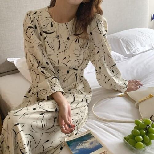 2021 Women Autumn Vintage Bandage Long Floral Dress Slim Waist A-line Robe Female Full Sleeve