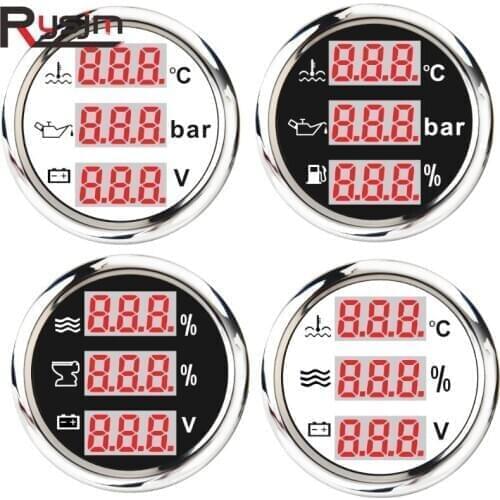 52mm 2'' Universal 3 in 1 Multi-Function Digital Gauge Fuel/Water Level,Water temp,Oil Press,tacho,Holding Tank 9-32V With Alarm