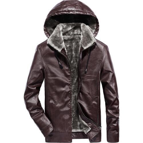 Brand Winter Leather Jacket Men Faux Leather Thick Warm Fleece Jacket PU Motorcycle Leather Coat Hooded Collar jaqueta de couro