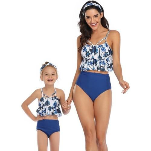 Mother Daughter Swimwear 2 Piece Swimsuit Women Flounce Strapless Tops + Leaf Print Pantie Kids Bikini Set Plus Size Swimsuit
