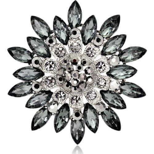 HC Crystal Antique Silvery Flower Brooches for Women Romantic Wedding Bridesmaid Rhinestone Party Bouquet Elegant Brooches Pin T
