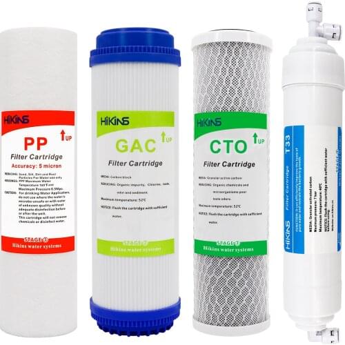 HiKiNS Water Replacement Filter Set of 10-in PP Sediment, GAC Granulle Active Carbon, CTO and T33 Post Carbon