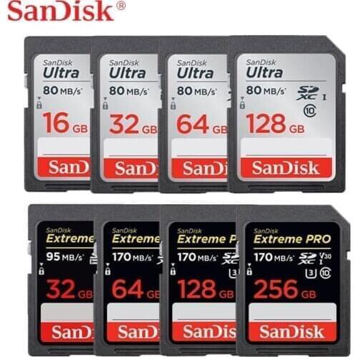 SanDisk SD Card 16GB 32GB 64GB 128GB 256GB Memory Card 80MB/s U1 170MB/s U3 V30 4K For Canon Nikon SLR Camera Shooting 4K Video