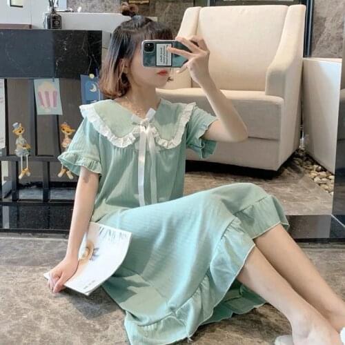 Summer Womens Nightdress Milk Silk Pure Color Hedging Doll Collar Sweet and Cute Princess Style Nightgown Can Be Worn Outside
