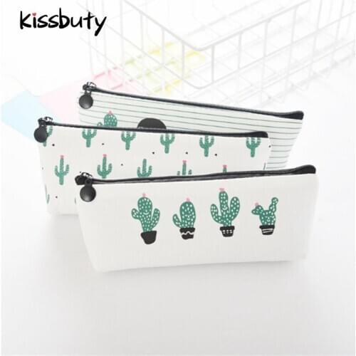 Small Fresh Simple Cactus Canvas Pencil Case Storage Pencil Bag School Kawaii Zipper Pencils Case Office Supplies Stationery Gif