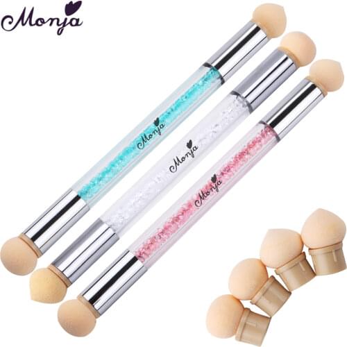 Monja Dual End Rhinestone Nail Art Gel Polish Gradient Brush+6 Sponge Head Transfer Stamping Blooming Painting Drawing Pen