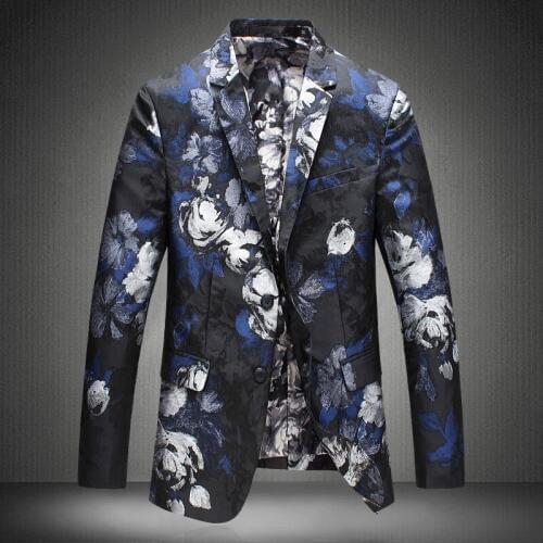 Mens Floral Blazer Hombre 2016 New Plus Size 4xl 5Xl Blazer Masculino Slim Fit Flower Blazer Printed Slim Gold Blazers For Men