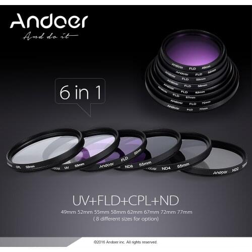 Andoer 49mm Lens Filter Kit UV+CPL+FLD+ND(ND2 ND4 ND8) with Carry Pouch / Lens Cap / Lens Cap Holder / Tulip & Rubber Lens Hoods