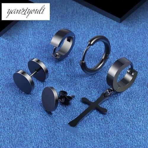 5 Pcs/set Fashion BAr Black Cross Round Stainless Steel Earings Set For Women Men Punk Gothic Barbell Stud Earring Oorbellen