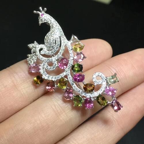Natural Multicolor tourmaline Luxury big Peacock wings brooch Pendant natural gem brooch S925 silver women party gift jewelry
