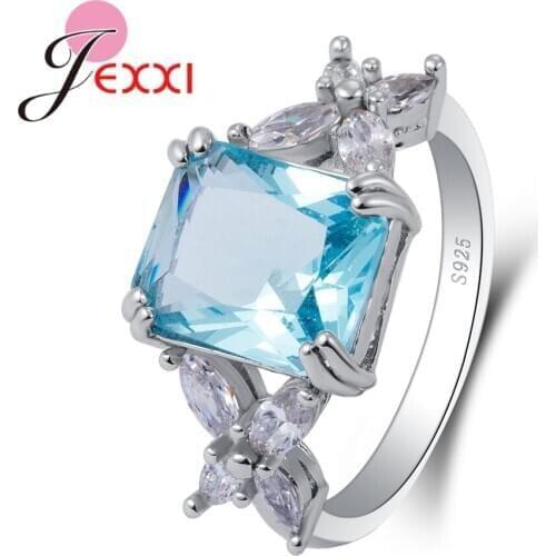 New Fashion Women Girls Party Engagment Jewelry 925 Sterling Silver Geometric Ring With Fine Square Bule Crystal