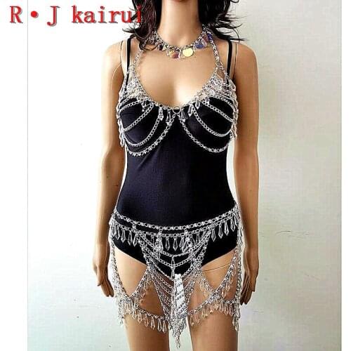 New Fashion Style RJ06 Silver Rhinestone Chains Clear Beads Neck Bra Top&Waist Belly Chains Unique Design Bra Chains Jewelry Set