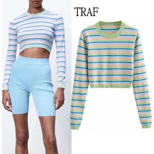 TRAF Za 2021 Knitted Sweater Vintage Striped Pullovers Sweaters Women Loose Long Sleeves Warm Jumper Streetwear Short Knitwear