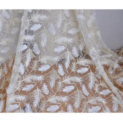 High quality mesh fabric Three dimensional white gold thread embroidery feather tissu High end clothing, skirt patchwork