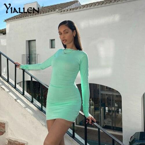 Yiallen Sexy Street Style Long Sleeve Dress Bodycon Wrap Solid Pencil Mini Dress Ladies Slim Elastic Party Short Dress Female
