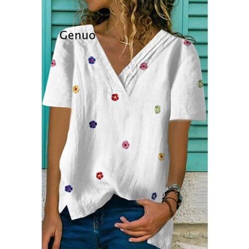 Women V- Neck Casual T-Shirt Ladies Cotton Linen Kaftan Flower Embroidery Loose Tee Shirts Short Sleeve Female Tops White