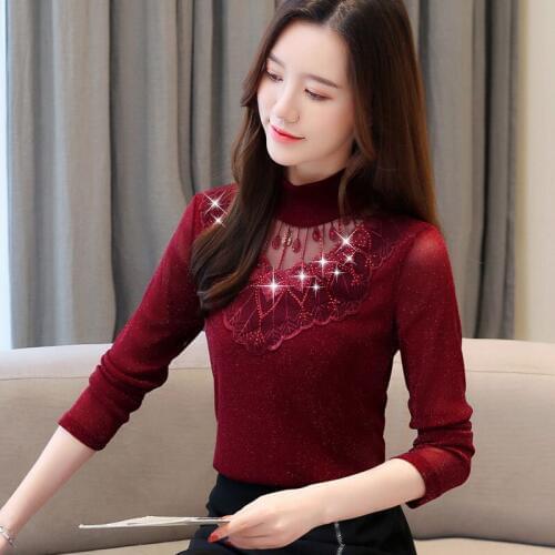 Women Spring Autumn Style Lace Blouses Shirts Lady Casual Long Sleeve Stand Collar Blusas Tops DD8030