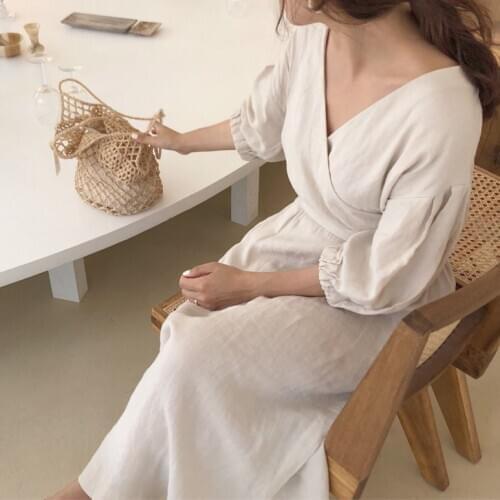 2021 Elegant Loose Brief Sundress with Waistbelt Summer Vintage Sexy V Neck Cotton Long Dress Women