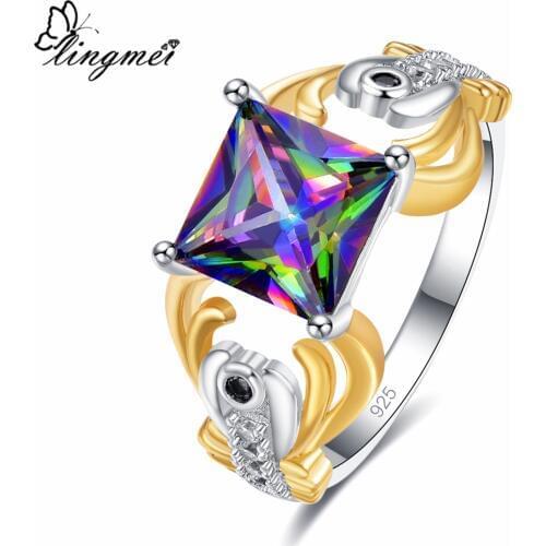 Lingmei Drop shipping Womens Fashion Wedding Band Princess Cut Multi & Red Zircon Silver Color Two Tone Ring Size 6-9
