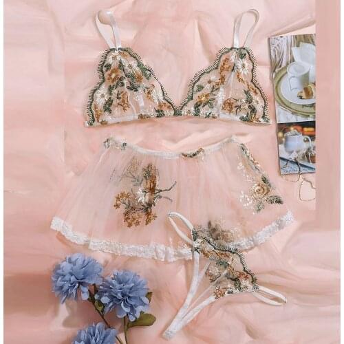 Women Exotic Lace Three Piece Lingerie Strech Mesh Bodysuit Floral Print Bra+Skirt+G-String Set Cut-Out Sexy Sleepwear