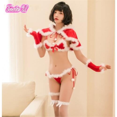 Womens Sexy Lingerie Cute Plush Lace-up Bra G-string Short Cloak Three-point Christmas Suit Cosplay Uniform Exotic Apparel