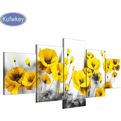 5 pcs 5D DIY round Diamond Painting Poppies scenery Full Square Embroidery yellow flower Diamond Picture Rhinestone Mosaic Decor