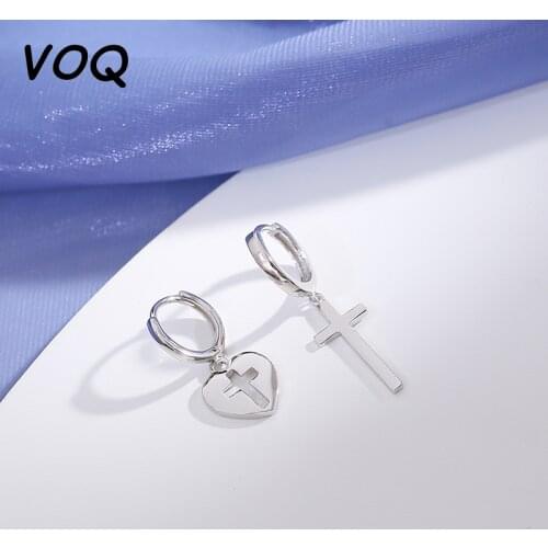 VOQ 925 Sterling Silver Geometric Asymmetric Circle Earrings Hollow Love Cross Earrings Womens Gift