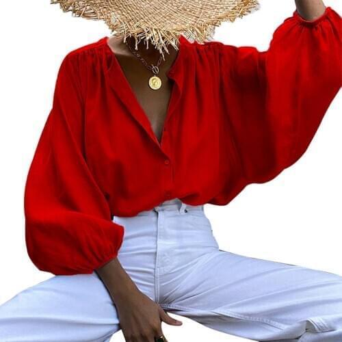 Women Solid Color Blouse, Autumn Adults Lantern Sleeve Single-breasted Shirt (Red, Black, Grey)