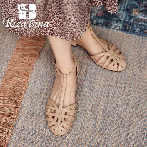 RIZABINA 2021 Genuine Leather Sandals Women Shoes Round Toe Low Heel Buckle Strap Solid Gladiator Ladies Footwear Size 34-39