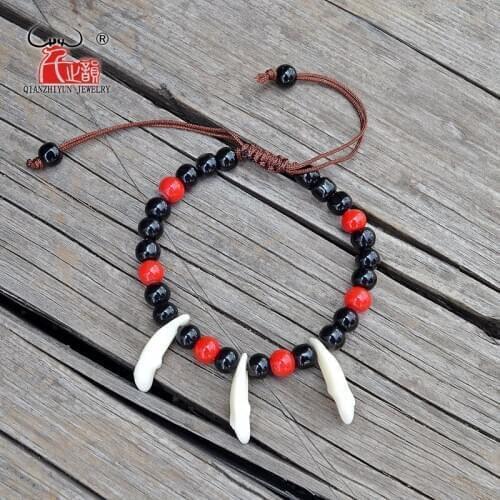 YS008 Natural bone punk bracelet wood beads bracelet men spike bracelet women Primitive tribes jewelry Fake wolf Tooth Bangles