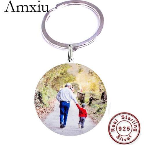 Amxiu Handmade 925 Sterling Silver Keychains Personalized Name Photo Key Chains Custom Jewelry Round Pendant Keys Accessories