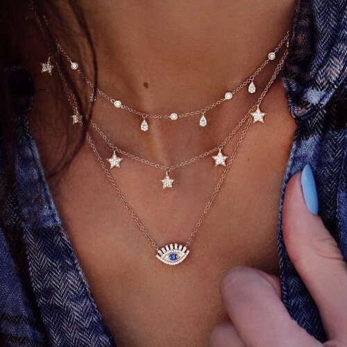 Stars Eye Crystal Pendant Necklace for Women Chain Link Long Layered Choker Necklace Anniversary Birthday Fashion Jewelry Gift
