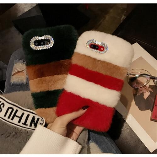 LaMaDiaa For SamsungS6 S7 S8 S9 S10 S20 S21 Plus Note5 8 9 10 20 Case Colorful Rabbit Fur Case Cover Glossy Winter Fur Hair Capa