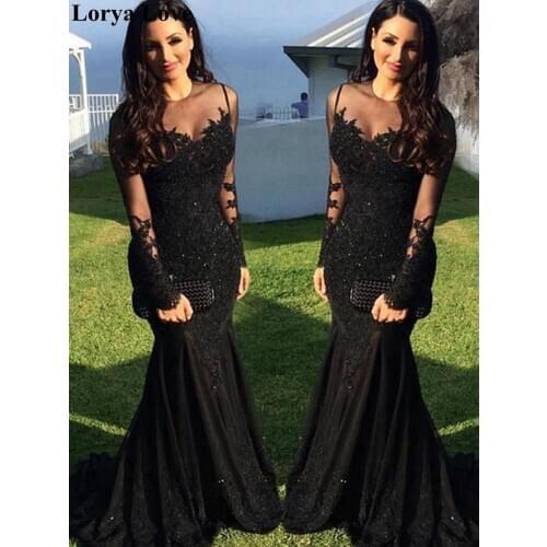 Elegant Mermaid Long Evening Dresses 2020 Women Formal Party Prom Gowns Vestidos De Noiva Black Lace Appliques Robe De Soiree