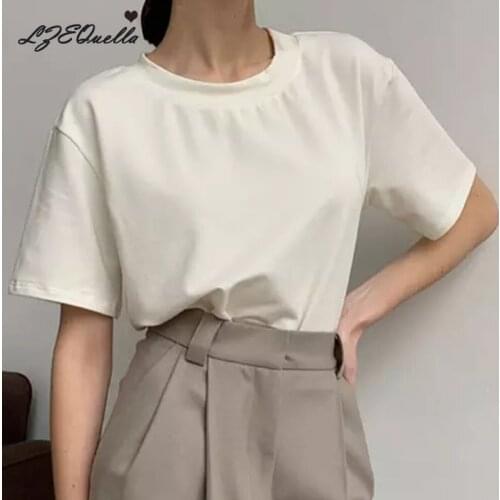 LZEQuella Summer Knitted Basic Solid T-shirt Women Casual Cotton Short Sleeve Tee-Shirts Female Tops Women New Fashion XS-3XL