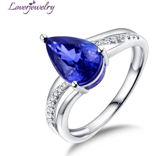 LOVERJEWELRY Natural Tanzanite Ring Female Real 18Kt White Gold Pear Cut Blue Tanzanite Gemstone Rings Set For Women Wedding