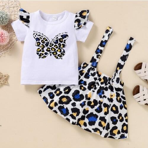 Girl Sets Summer Dress Short-Sleeve Cotton Butterfly Pattern T-Shirt Tops+Print Suspender Skirt Two Piece Suits For Kids Clothes