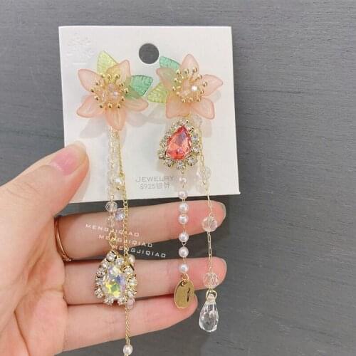 Korean Elegant Pink Flower Drop Earrings For Women Ladies Pearl Chain Tassels Fashion Crystal Tassel Summer Holiday Jewelry