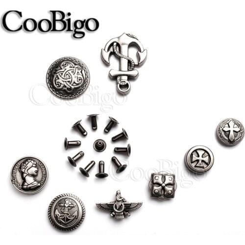 10 Sets Metal Studs Rivets Spikes Retro Riveting Button for Bag Belt DIY Leather Craft Sewing Accessories Anchor Cross Shield