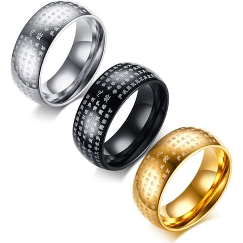 8mm Stainless Steel Chinese Heart Sutra Engraved Buddhist Gold Ring Bands For Men Jewelry Anillo Hombre Anillos Bague Homme