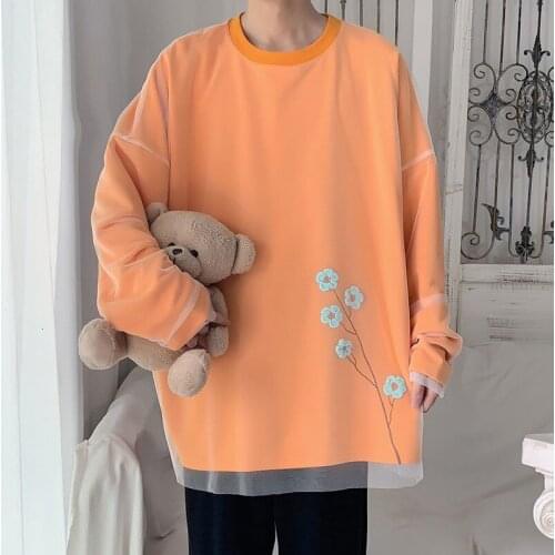 2021 Mens Flower Embroidery Pullover Mesh Loose Round Neck Hoodies Cotton Casual Clothes Coats Fashion 4 Color Sweatshirts