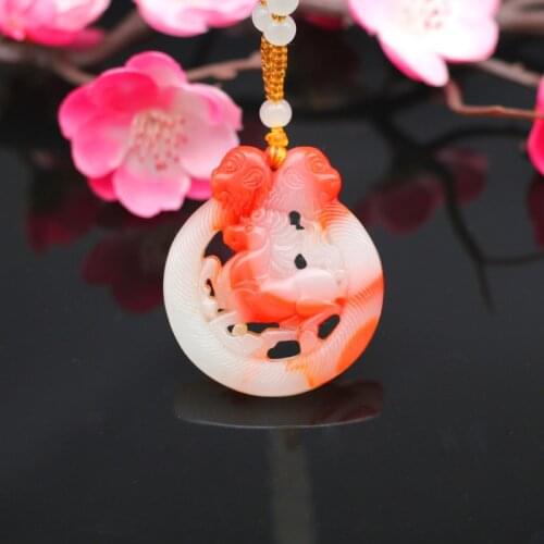 Narural Red White Jade Zodiac Horse Pendant Necklace Double-sided Hollow Carved Chinese Fashion Charm Jewelry Amulet Women Gifts